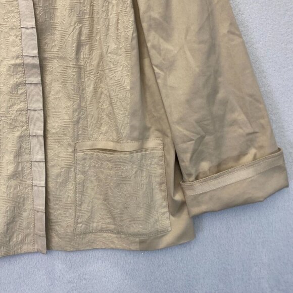 Chico's Size 2 (Large 12) Textured Open Front Jacket Tan Beige Cuffed 3/4 Sleeve - Picture 9 of 16